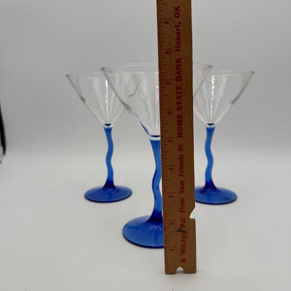 Libbey Martini Glasses in Courbe Pattern Blue Stem Set of 3 - Picture 6 of 8